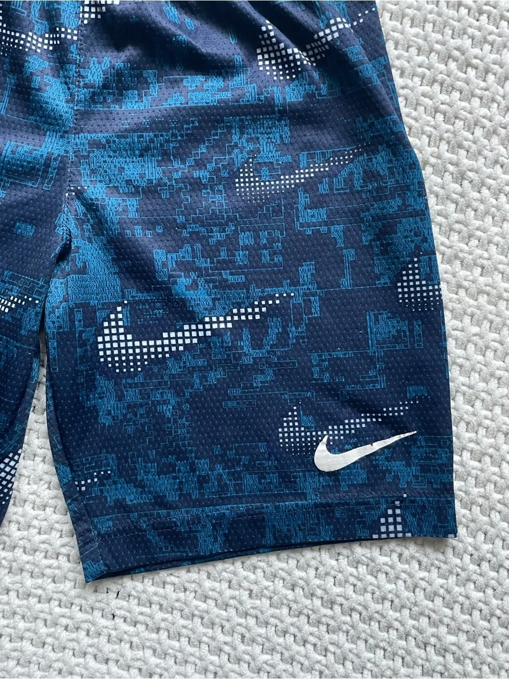 Nike Gray Tee with Blue Pixel Swoosh & Navy Patterned Shorts